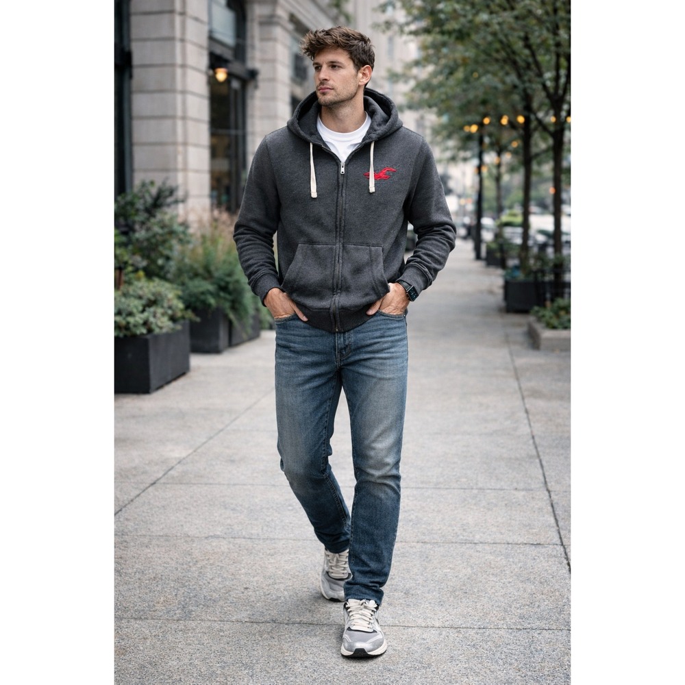 Hollister Zip Up Hoodie Mens XL Gray Minimalist Athleisure Preppy Coastal Grunge